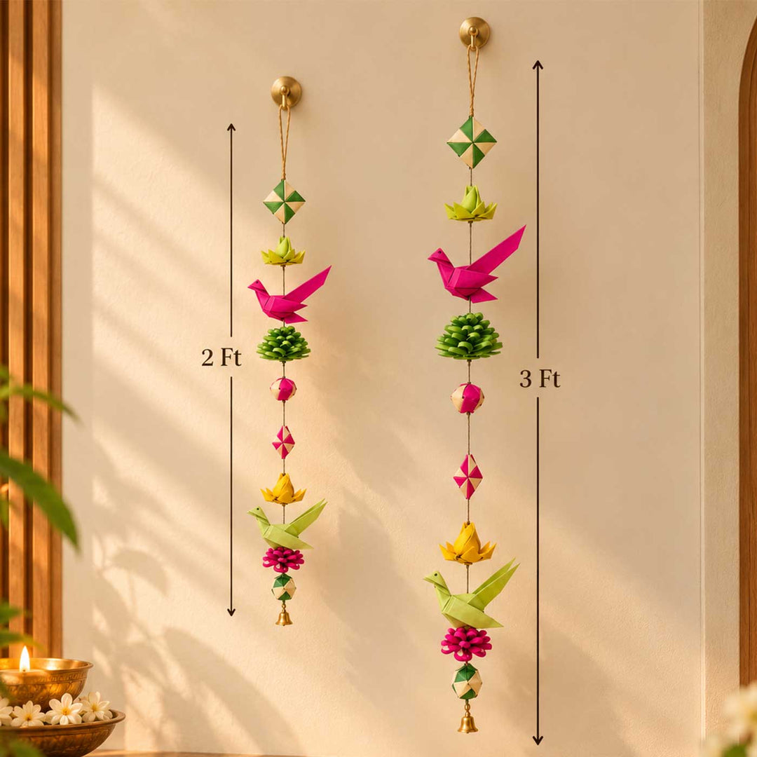 2 Pc | Handcrafted Palm Leaf Lotus & Parrot String Hanging With Bells