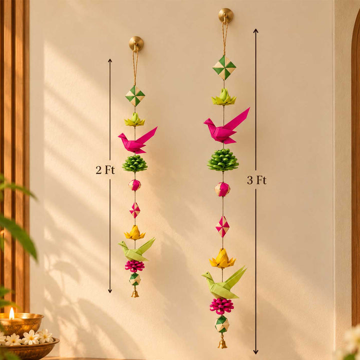2 Pc | Handcrafted Palm Leaf Lotus & Parrot String Hanging With Bells