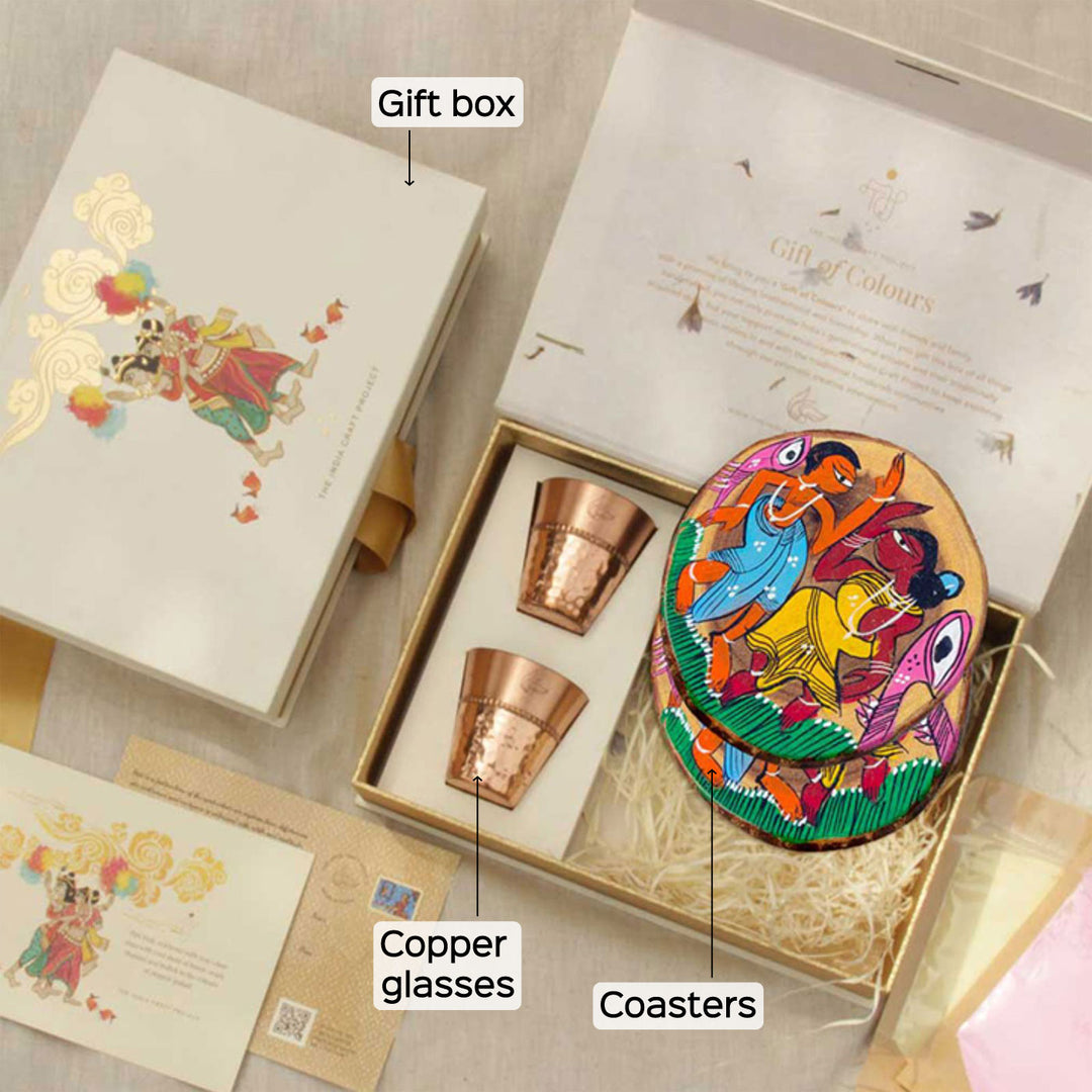 Utsav Festive Gift Box with Copper Shot Glasses & Wooden Coasters