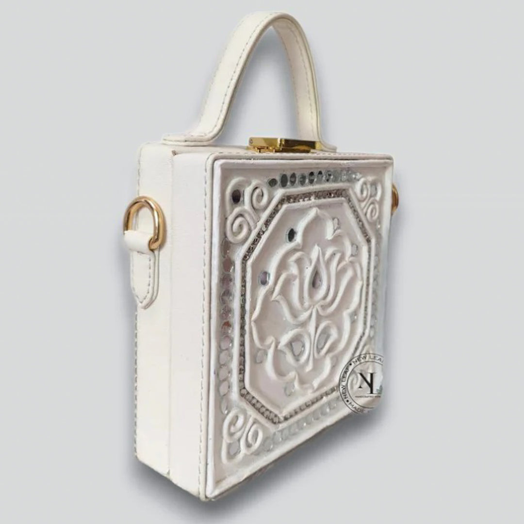 Handcrafted Mini White Lotus Lippan Art Box Bag