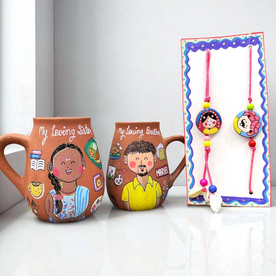 Photo Personalized Hobby Terracotta Rakhi Hamper For Bhaiya And Bhabhi | Includes 2 Mugs, 2 Rakhis