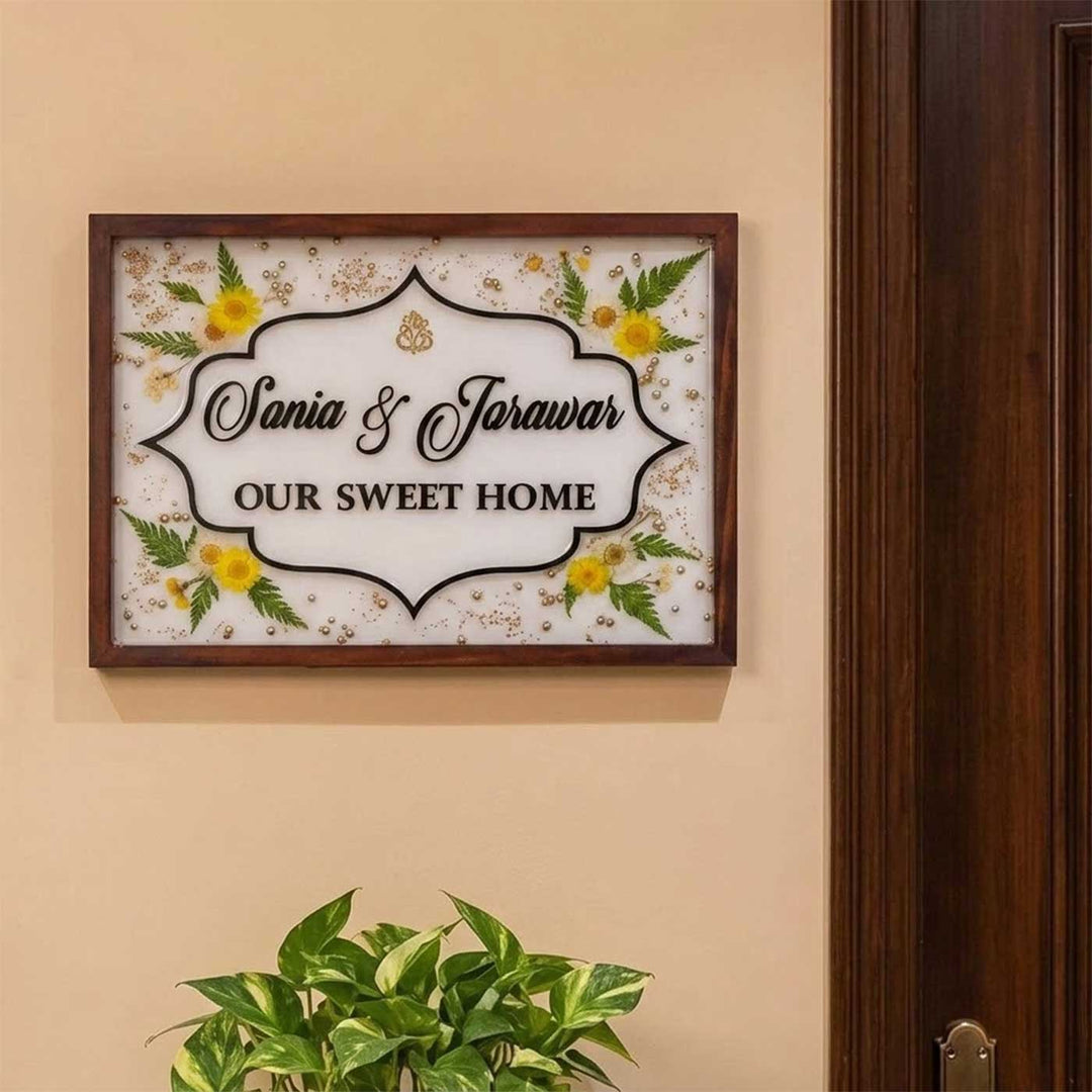 Personalized Floral Elegance Wooden Frame Resin Name Plate