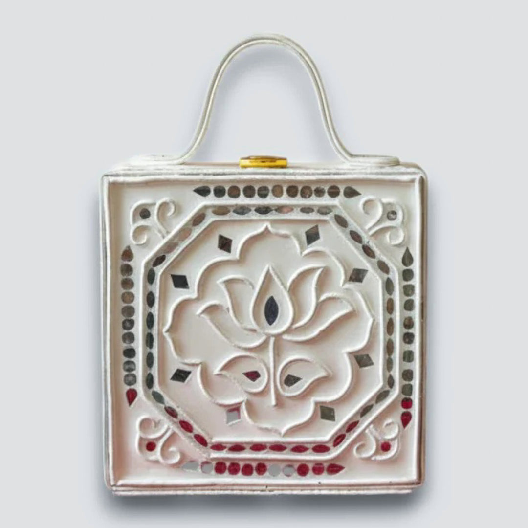 Handcrafted Mini White Lotus Lippan Art Box Bag