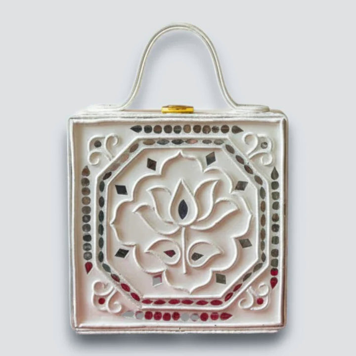 Handcrafted Mini White Lotus Lippan Art Box Bag