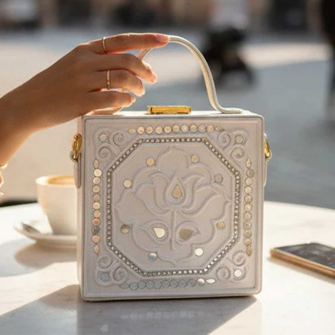 Handcrafted Mini White Lotus Lippan Art Box Bag