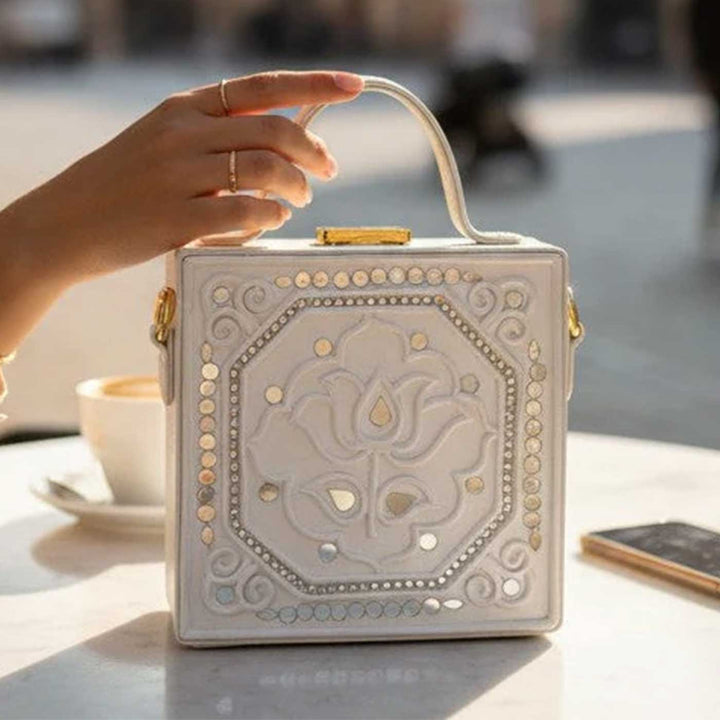 Handcrafted Mini White Lotus Lippan Art Box Bag
