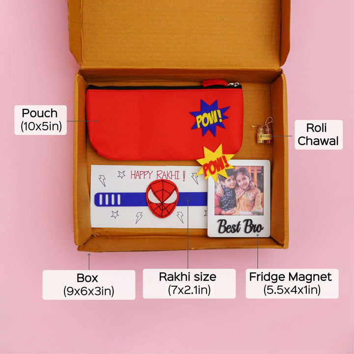 Kids Rakhi Hamper With Pouch And Fridge Magnet 6 - Box Dimensions with Contents