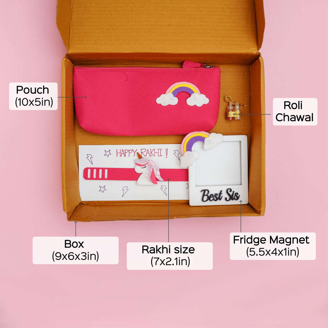 Kids Rakhi Hamper With Pouch And Fridge Magnet 4 - Gift Set Dimension Labels