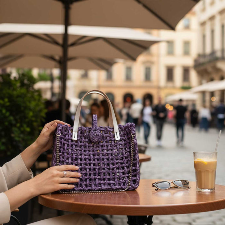 Handmade Grass Woven Boxed Metal Chain Strap Lavender Sabai Mesh Sling Bag