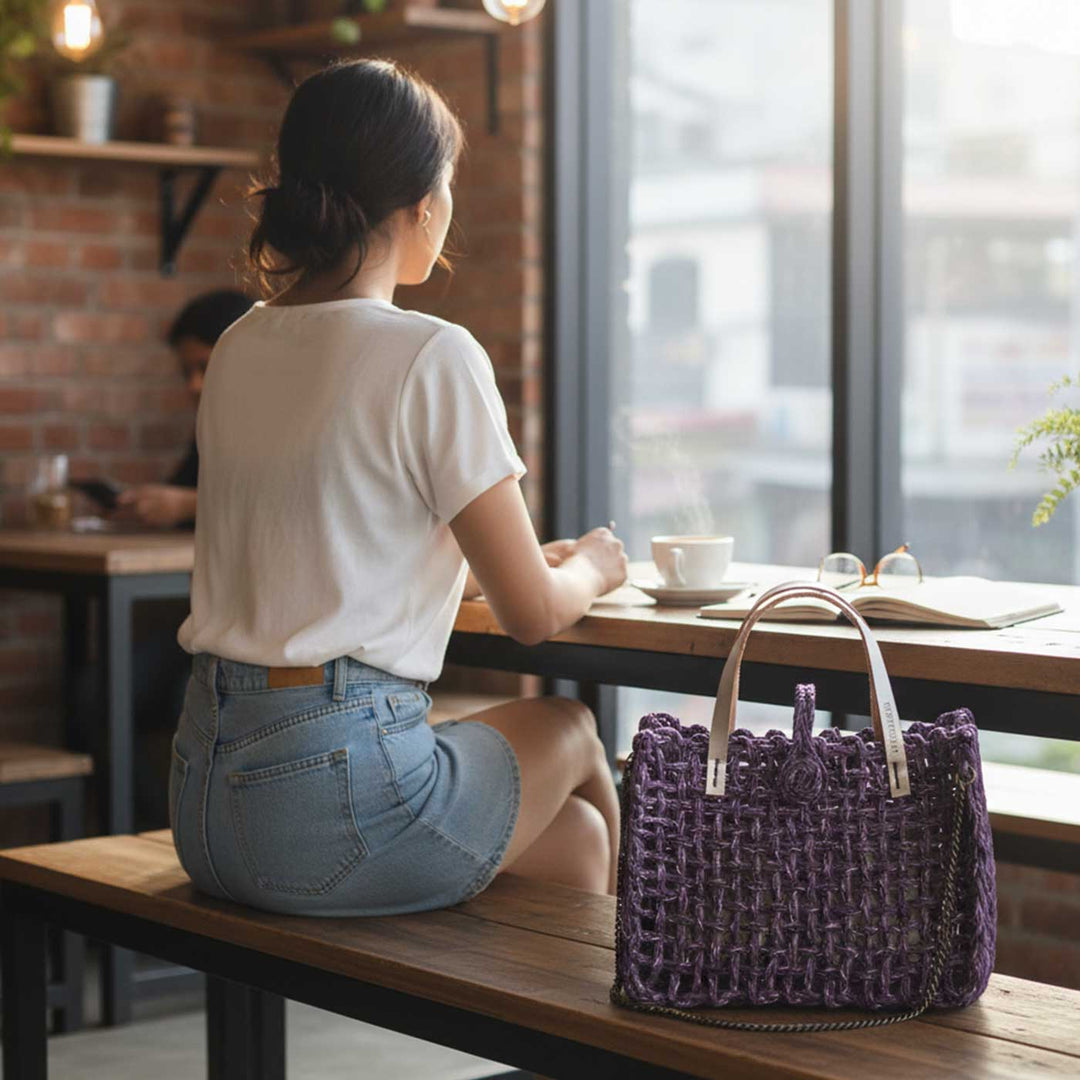 Handmade Grass Woven Boxed Metal Chain Strap Lavender Sabai Mesh Sling Bag