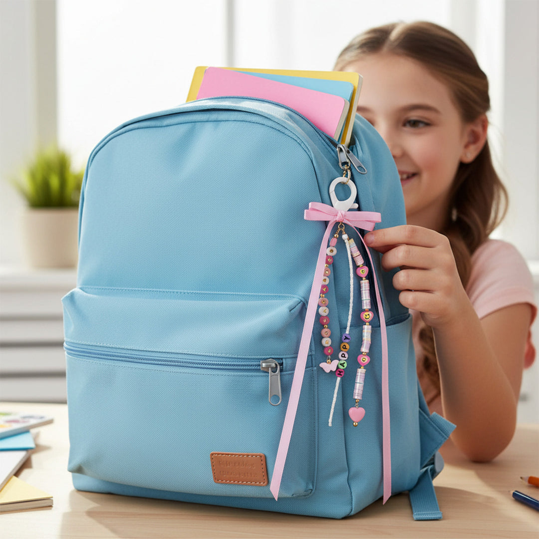 Personalized Beaded Pink Hearts & Ribbon Bow Bag Charm For Kids