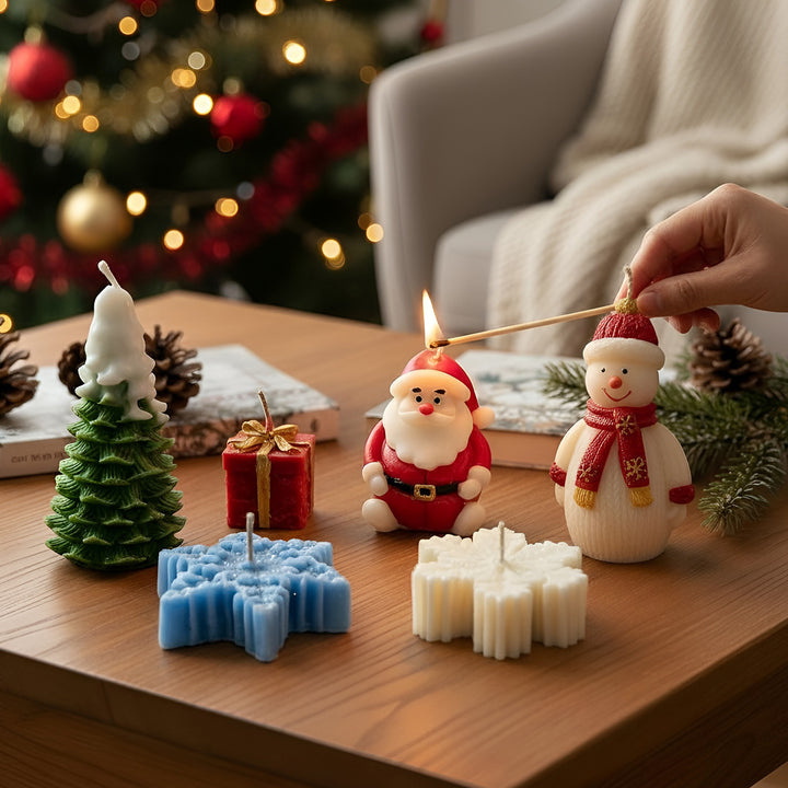 6 pc | Handmade Christmas Tree, Santa, Snowman, Snowflakes & Gift Box Shaped Soy Wax Candles