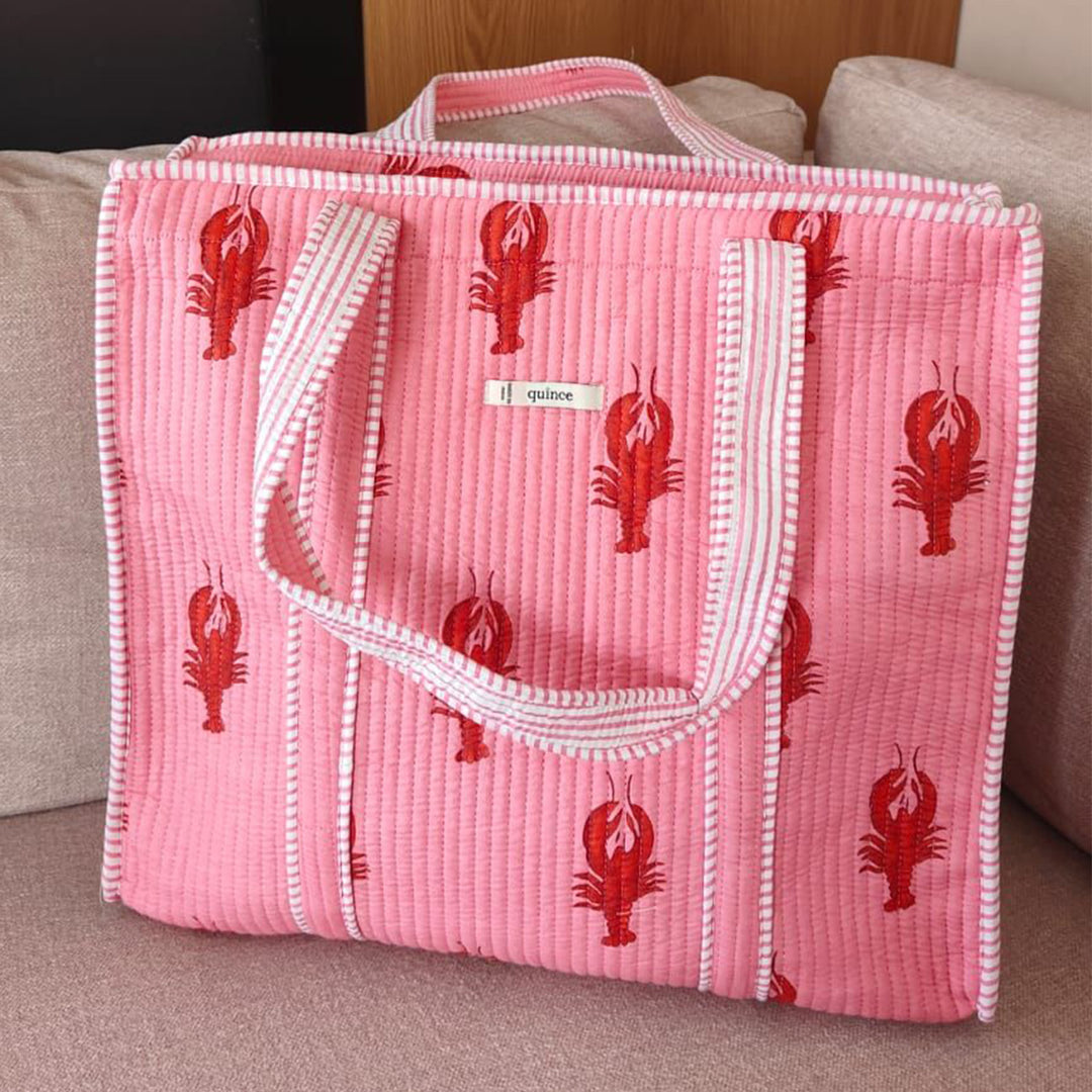 Handmade Large Pink Lobster Cotton Tote Bag