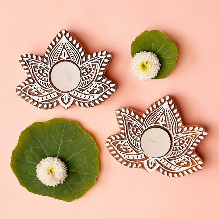 Handmade Carved Five Petal Lotus Wooden Block Tealight Holder | Set Of 2