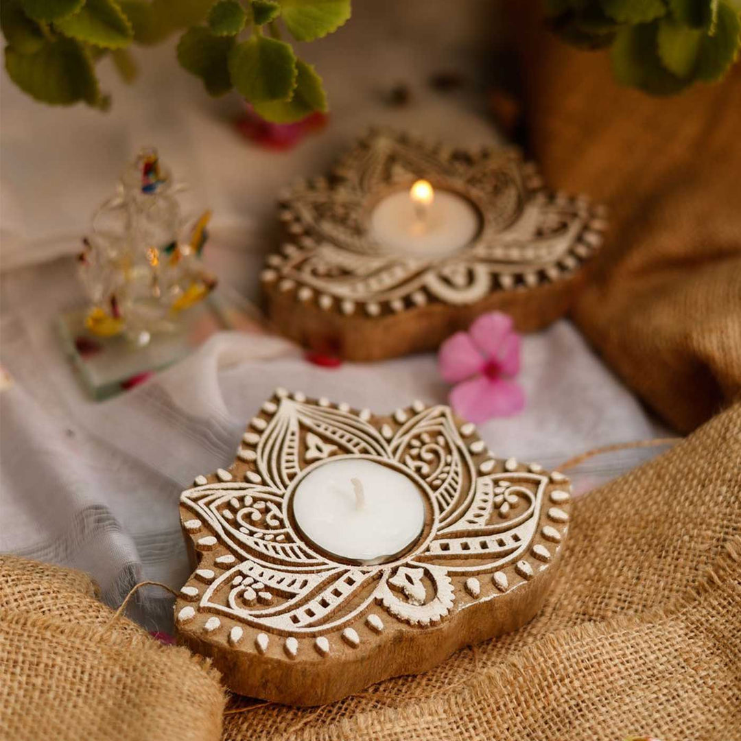 Handmade Carved Five Petal Lotus Wooden Block Tealight Holder | Set Of 2