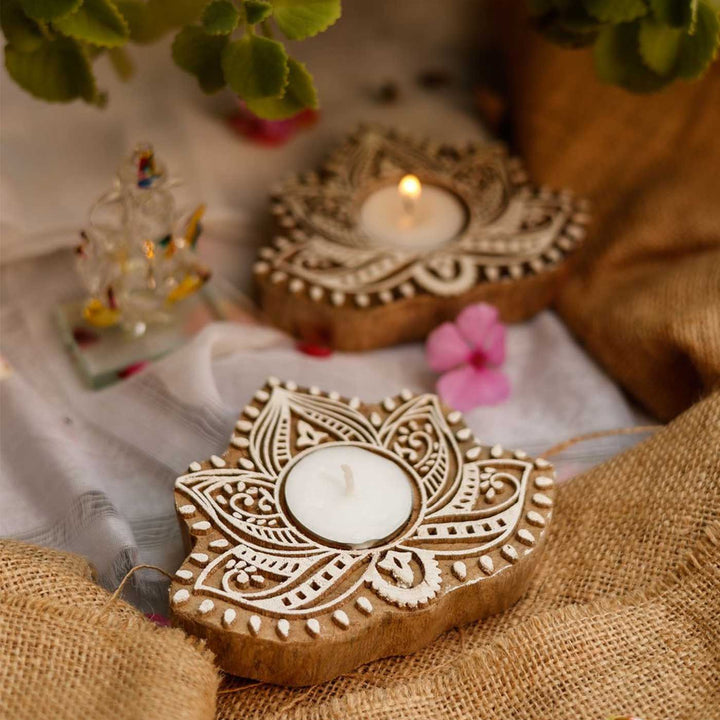Handmade Carved Five Petal Lotus Wooden Block Tealight Holder | Set Of 2