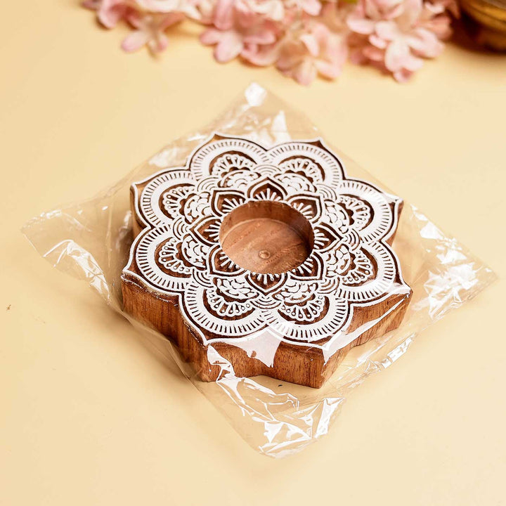 Handmade Carved Lotus Wooden Block Tealight Holder | Set Of 2
