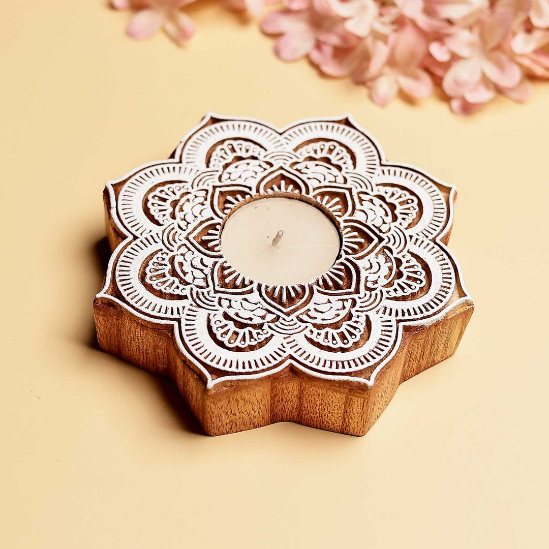 Handmade Carved Lotus Wooden Block Tealight Holder | Set Of 2