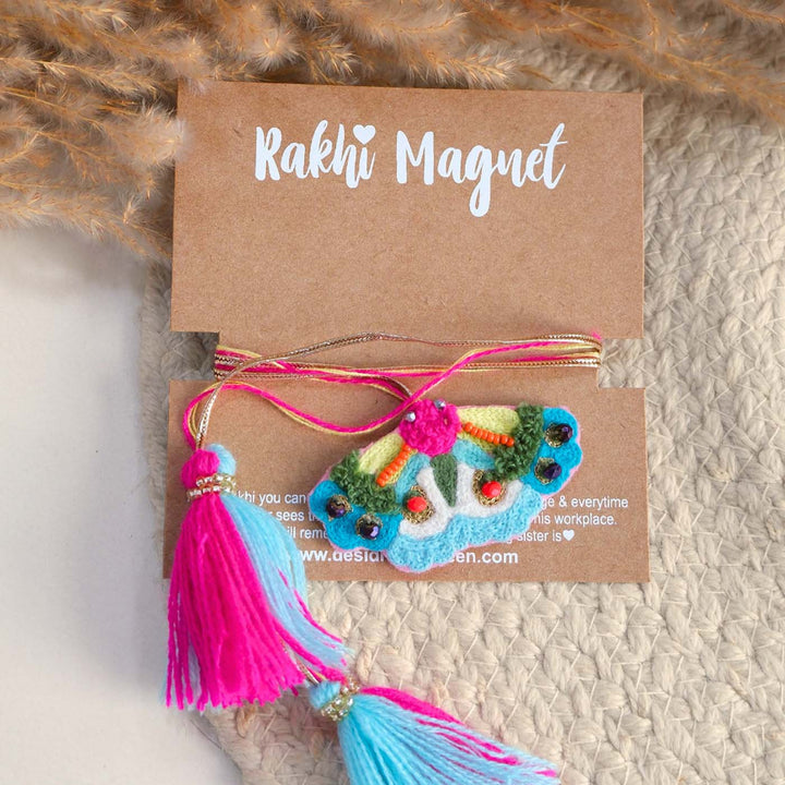Handmade Thread Embroidered "Butterfly" Reusable Couple Rakhi & Lumba Magnet Set For Bhaiya Bhabhi | Set of 2