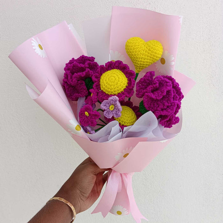 Handmade Crochet Whispering Violets Theme Flower Bouquet With Lights