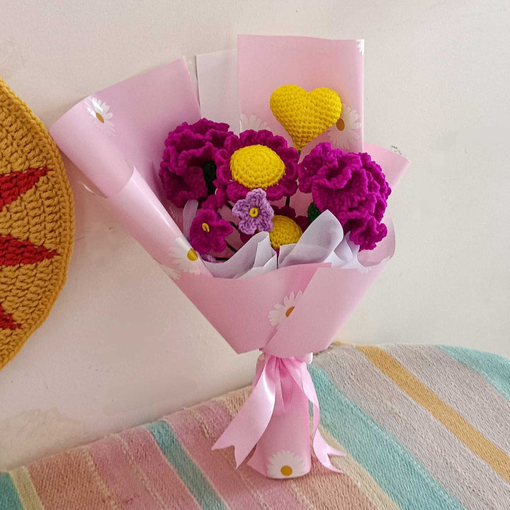 Handmade Crochet Whispering Violets Theme Flower Bouquet With Lights