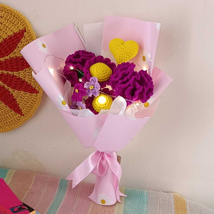 Handmade Crochet Whispering Violets Theme Flower Bouquet With Lights