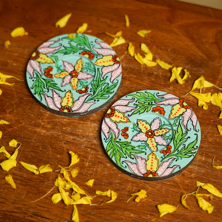 Hand-Painted Floral Theme MDF Wood Tealight Holder | Set Of 2