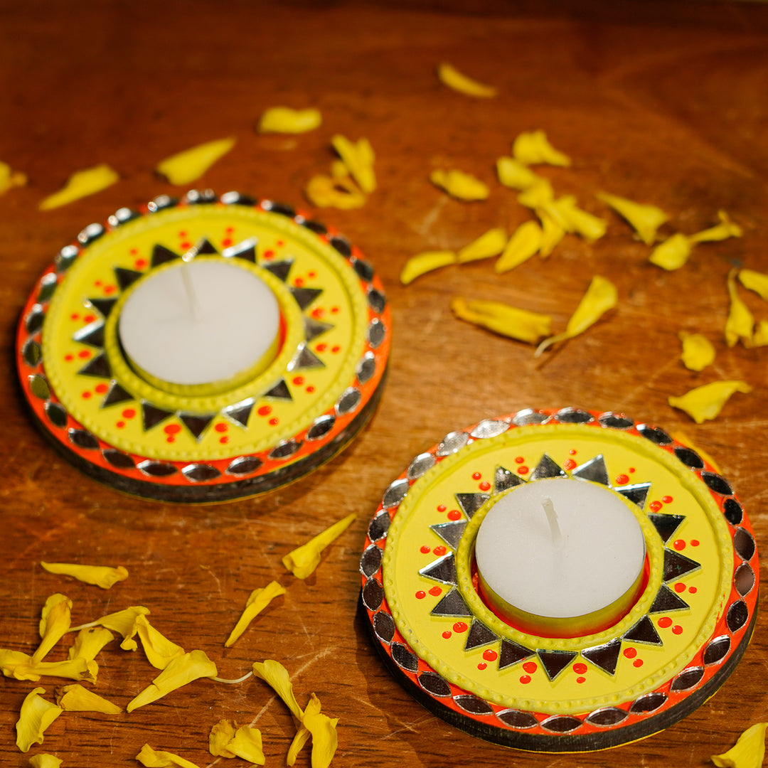Hand-Painted Mirror Work Yellow & Orange MDF Wood Tealight Holder | Set Of 2