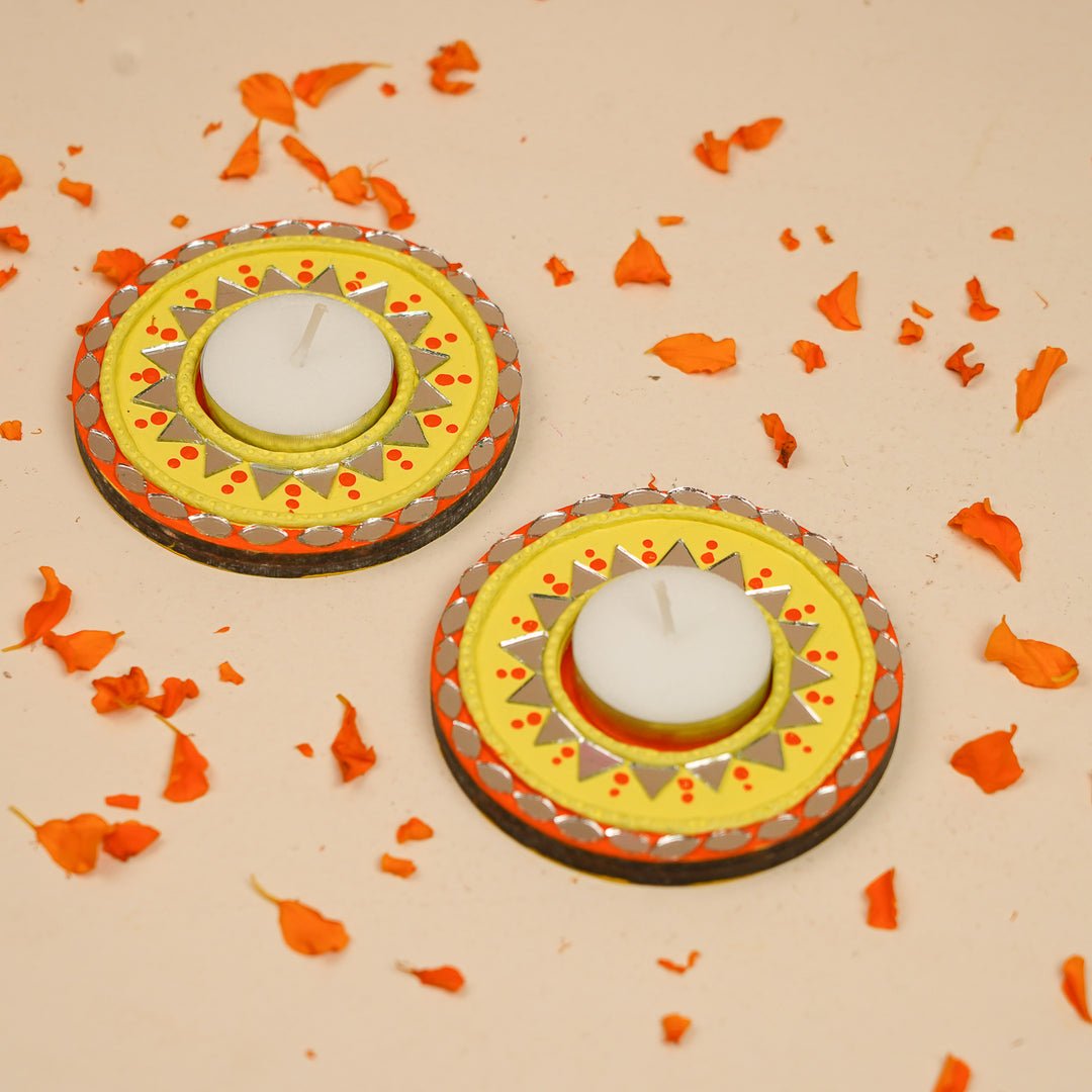 Hand-Painted Mirror Work Yellow & Orange MDF Wood Tealight Holder | Set Of 2