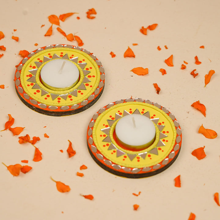 Hand-Painted Mirror Work Yellow & Orange MDF Wood Tealight Holder | Set Of 2