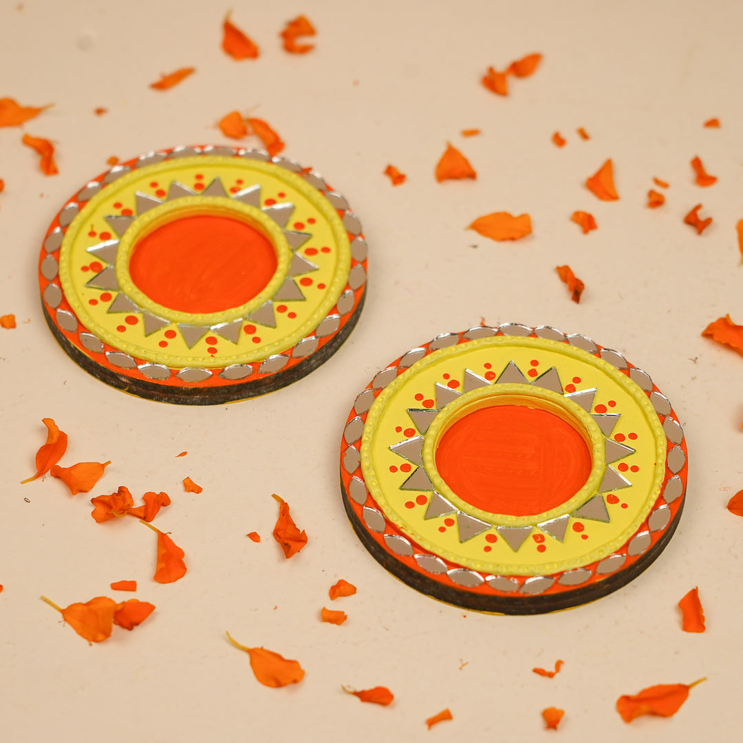 Hand-Painted Mirror Work Yellow & Orange MDF Wood Tealight Holder | Set Of 2