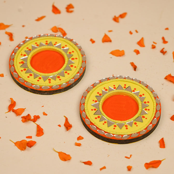 Hand-Painted Mirror Work Yellow & Orange MDF Wood Tealight Holder | Set Of 2