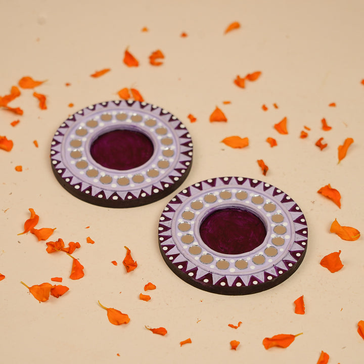 Hand-Painted Mirror Work Lavender MDF Wood Tealight Holder | Set Of 2