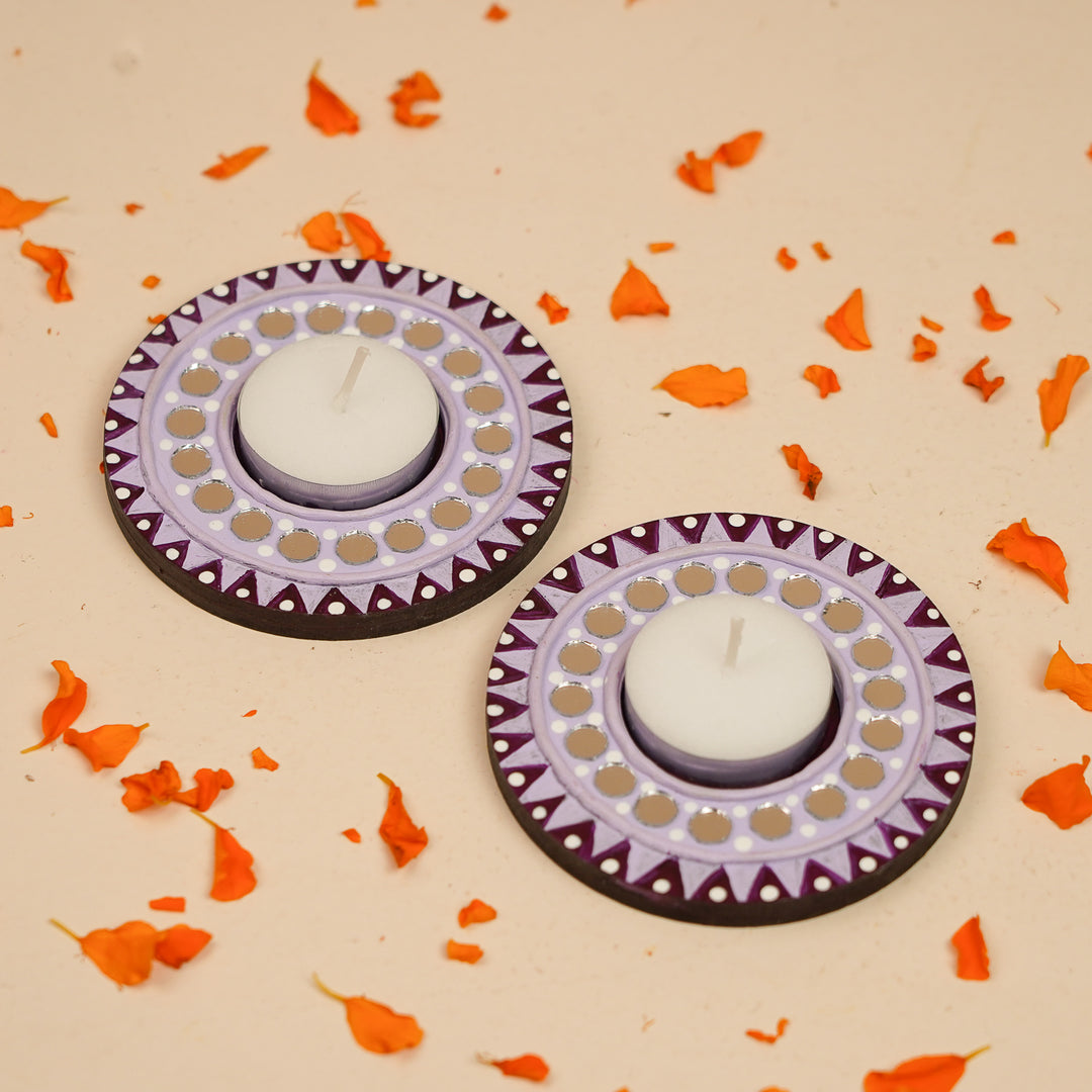 Hand-Painted Mirror Work Lavender MDF Wood Tealight Holder | Set Of 2