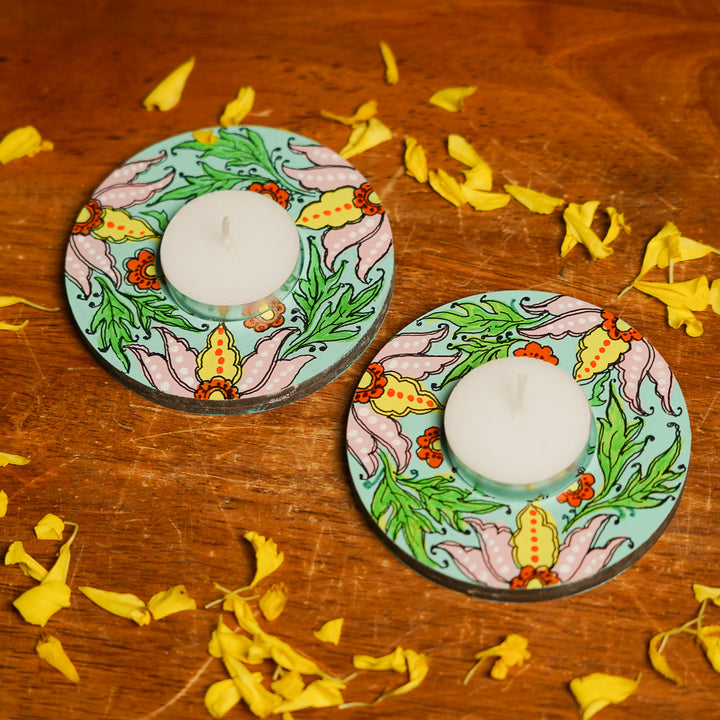 Hand-Painted Floral Theme MDF Wood Tealight Holder | Set Of 2