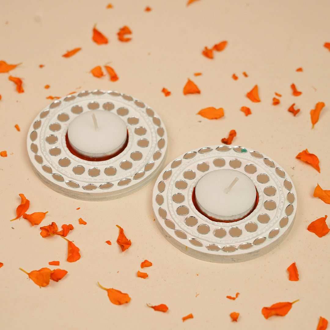 Hand-Painted Mirror Work MDF Wood Tealight Holder | Set Of 2