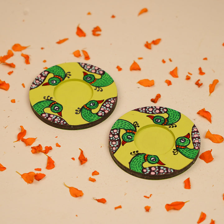 Hand-Painted Gond Art Peacock Theme MDF Wood Tealight Holder | Set Of 2