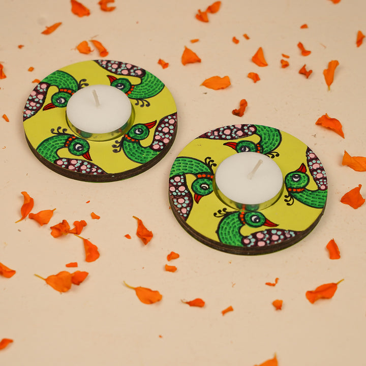 Hand-Painted Gond Art Peacock Theme MDF Wood Tealight Holder | Set Of 2