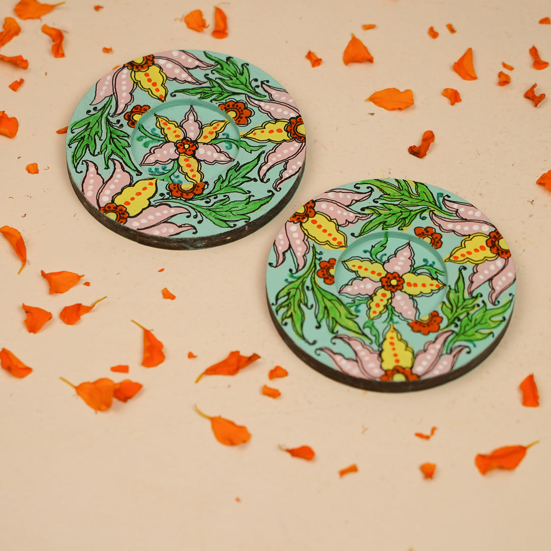 Hand-Painted Floral Theme MDF Wood Tealight Holder | Set Of 2