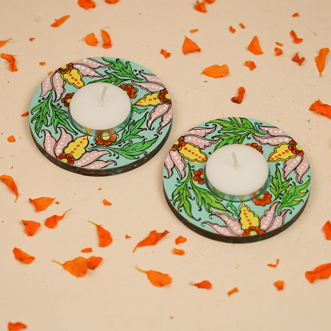 Hand-Painted Floral Theme MDF Wood Tealight Holder | Set Of 2