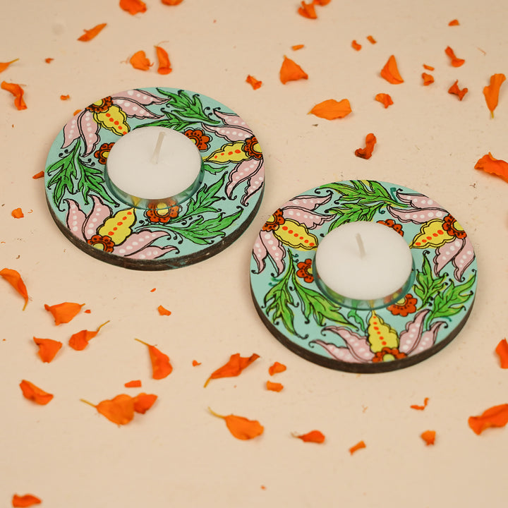 Hand-Painted Floral Theme MDF Wood Tealight Holder | Set Of 2