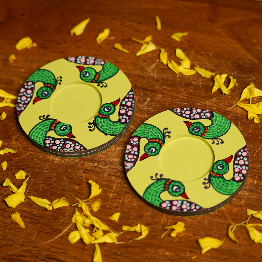 Hand-Painted Gond Art Peacock Theme MDF Wood Tealight Holder | Set Of 2