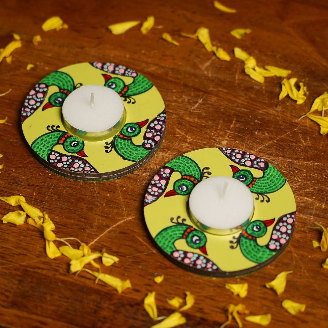 Hand-Painted Gond Art Peacock Theme MDF Wood Tealight Holder | Set Of 2