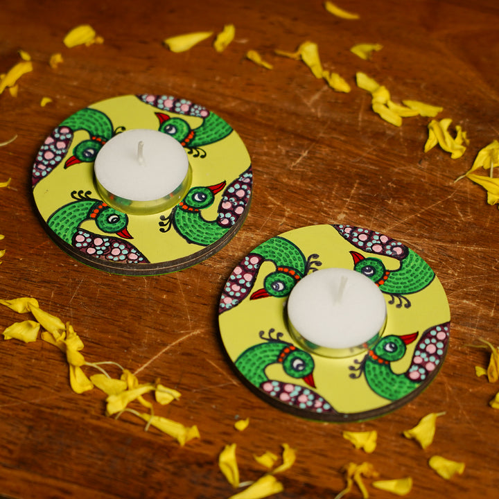 Hand-Painted Gond Art Peacock Theme MDF Wood Tealight Holder | Set Of 2