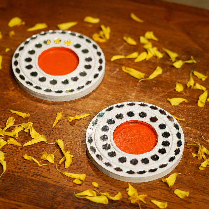 Hand-Painted Mirror Work MDF Wood Tealight Holder | Set Of 2