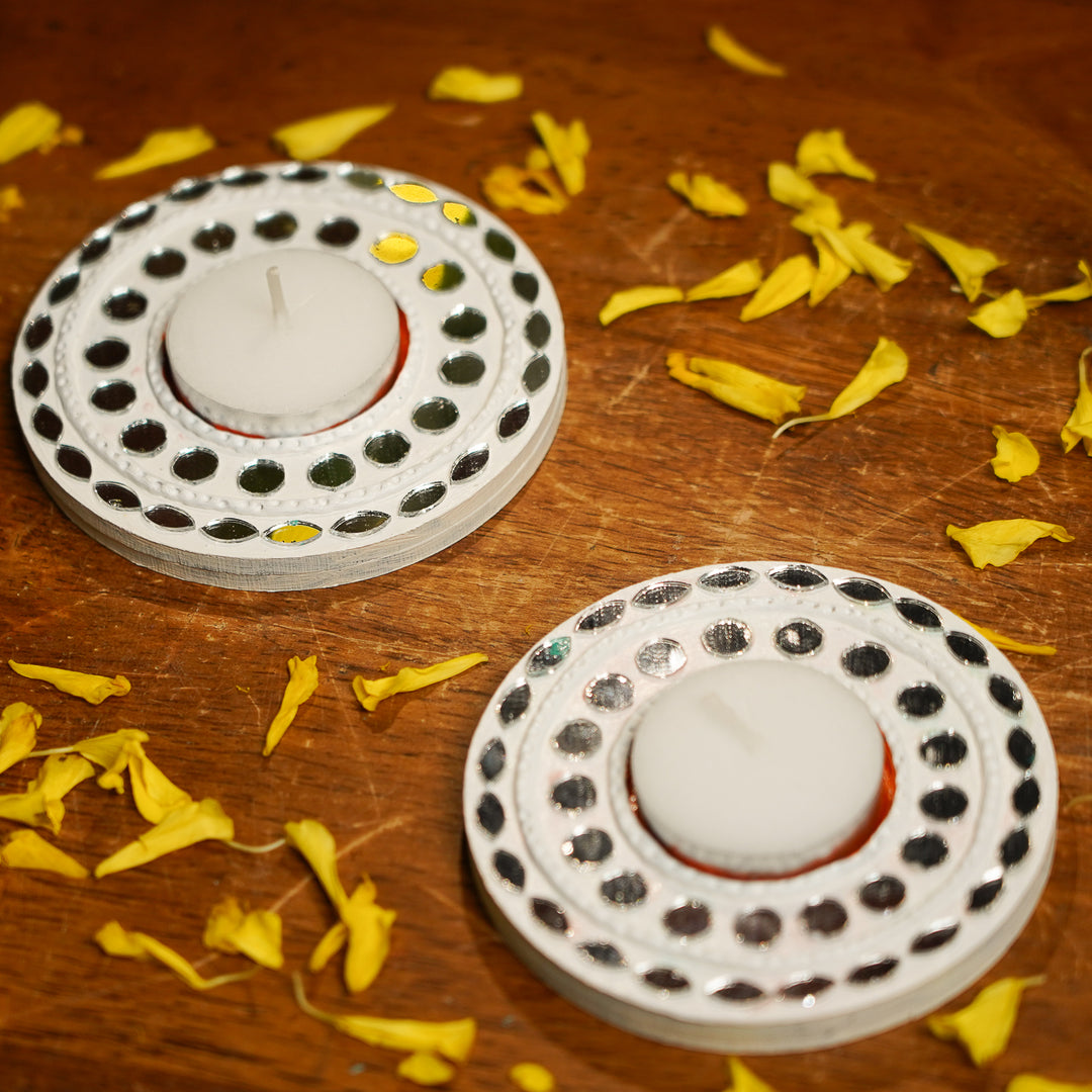 Hand-Painted Mirror Work MDF Wood Tealight Holder | Set Of 2