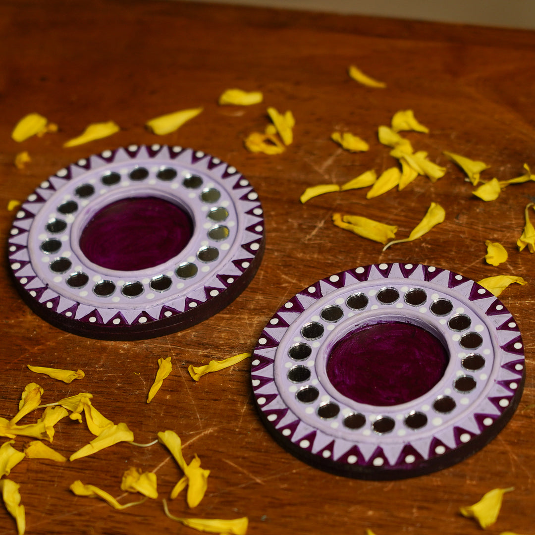 Hand-Painted Mirror Work Lavender MDF Wood Tealight Holder | Set Of 2