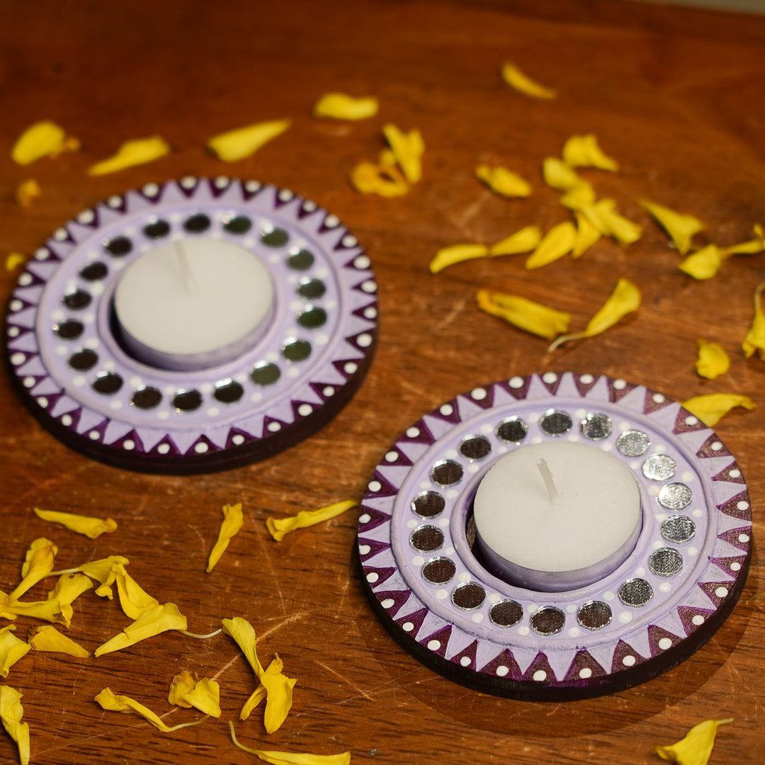Hand-Painted Mirror Work Lavender MDF Wood Tealight Holder | Set Of 2