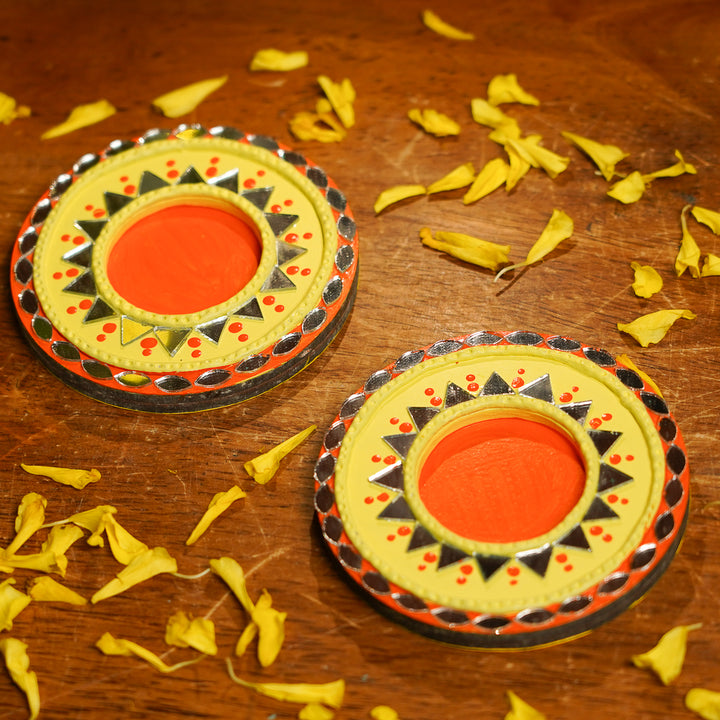 Hand-Painted Mirror Work Yellow & Orange MDF Wood Tealight Holder | Set Of 2