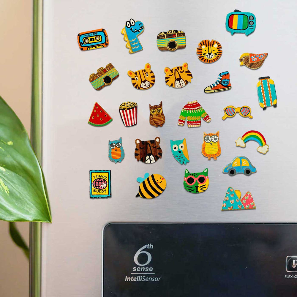 Handpainted Quirky Wooden Rakhi With Roli Chawal 12 - Magnet collection on refrigerator door